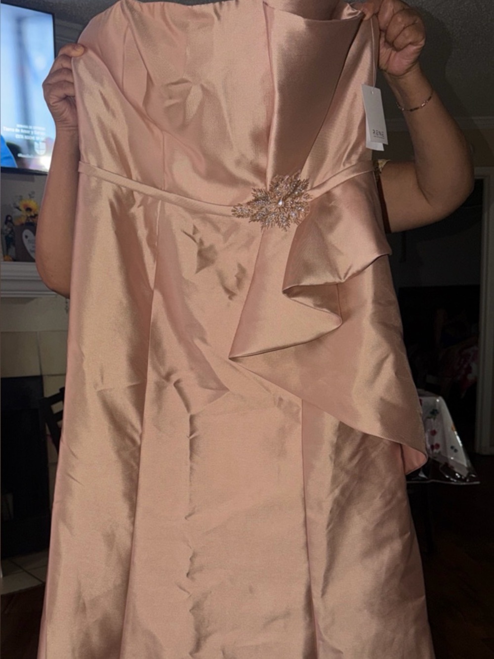 Rene Ruiz Strapless Blush Pink Satin Evening Gown with Side Draping